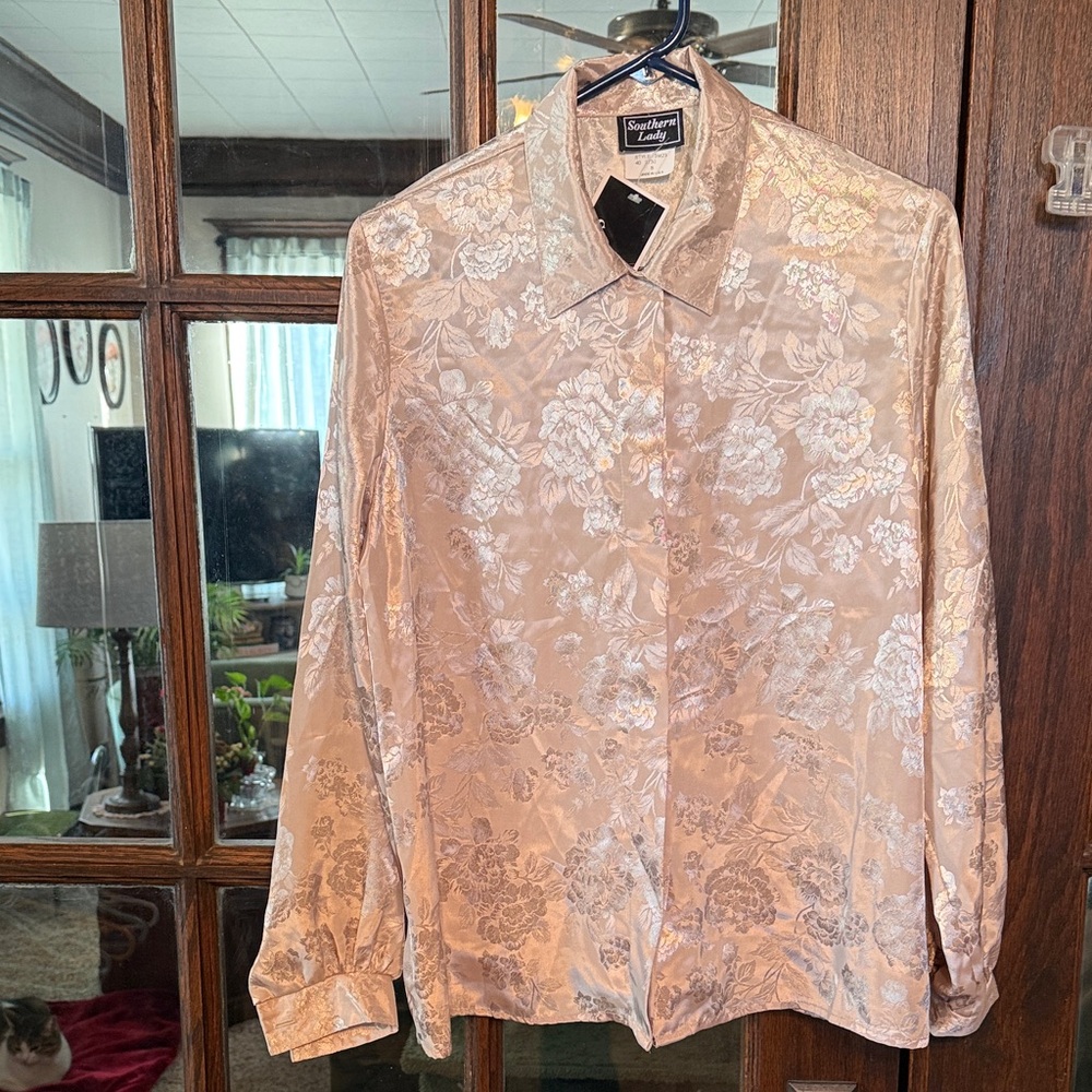 Southern Lady Vintage Floral Jacquard Blouse Champagne Rose Gold Button Up Sz 8